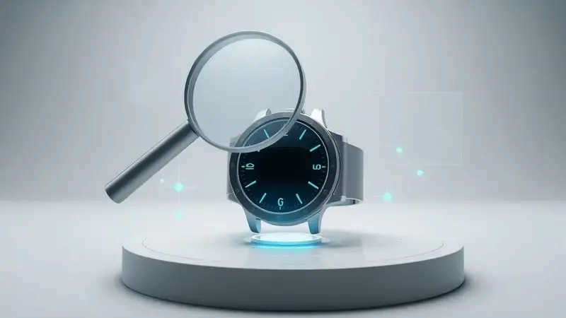 Renderização 3D de lupa analisando sensor de smartwatch com dados científicos abstratos representando análise de precisão e confiabilidade tecnológica