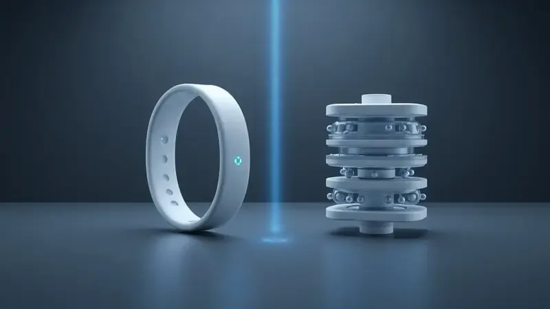 Renderização 3D conceitual comparando a precisão de smartwatches com equipamentos médicos de polissonografia em ambiente científico