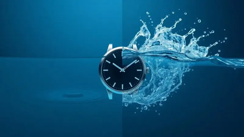 Cena 3D conceitual comparando pressão estática e dinâmica da água sobre um smartwatch para explicar a classificação ATM visualmente.