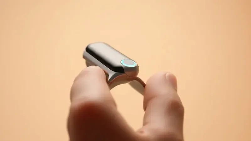 Mão em close pressionando botão lateral de smartwatch genérico com destaque luminoso azul suave em renderização 3D.