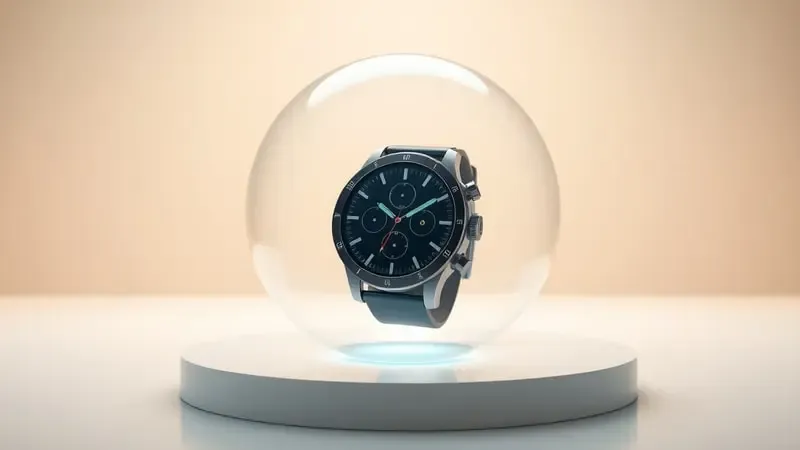 Renderização 3D de smartwatch protegido por esfera translúcida com padrões hexagonais, simbolizando prevenção de danos e proteção do relógio inteligente.