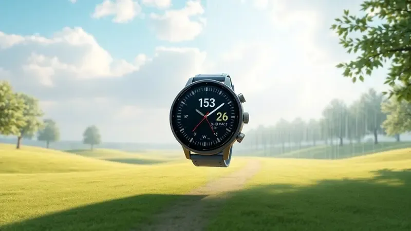 Render 3D conceitual de smartwatch com previsão do tempo para planejamento de treino ao ar livre