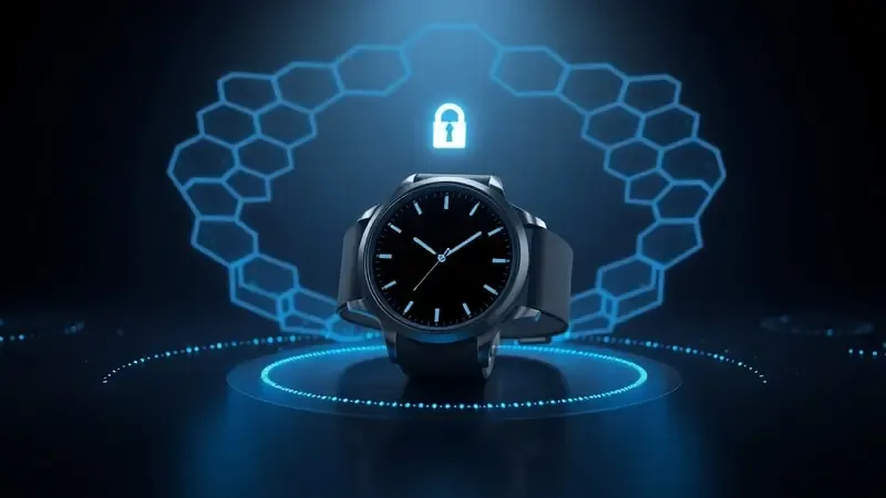 Conceito 3D de smartwatch envolto por escudo digital translúcido de hexágonos com partículas de dados orbitando, simbolizando proteção e criptografia.