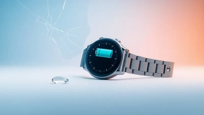 Composição 3D conceitual mostrando danos comuns em smartwatch como tela rachada, bateria descarregada e umidade, com iluminação profissional.