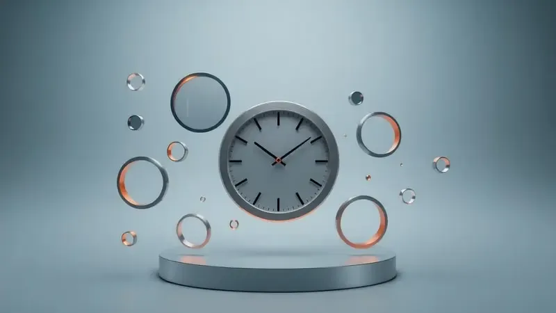 Render 3D abstrato de relógio com elementos fragmentados representando problemas comuns de sincronização e diagnóstico