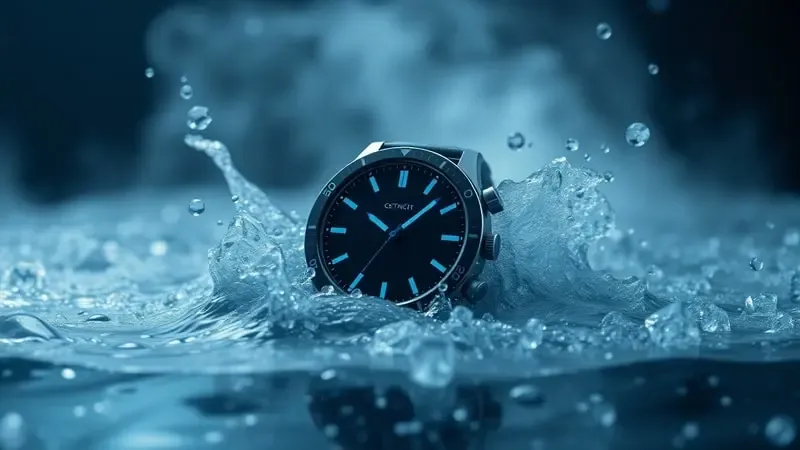 Render 3D de smartwatch tático enfrentando água e gelo, simbolizando proteção contra temperaturas extremas e submersão.