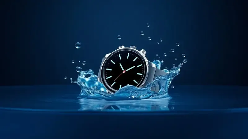 Render 3D de smartwatch resistente à água com gotas suspensas demonstrando proteção IP68