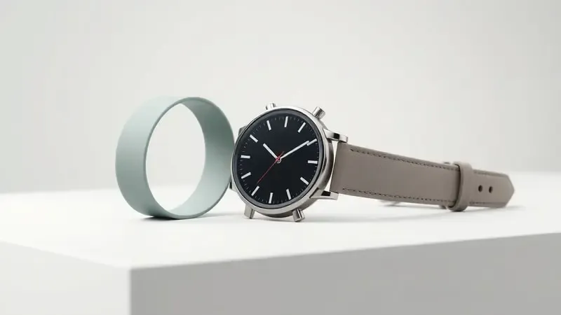 Comparação conceitual 3D de pulseiras finas e smartwatch slim para pulsos delicados em composição minimalista
