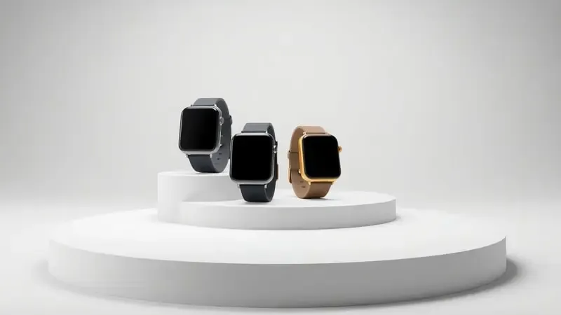 Composição conceitual 3D de smartwatches organizados em ranking visual com design minimalista