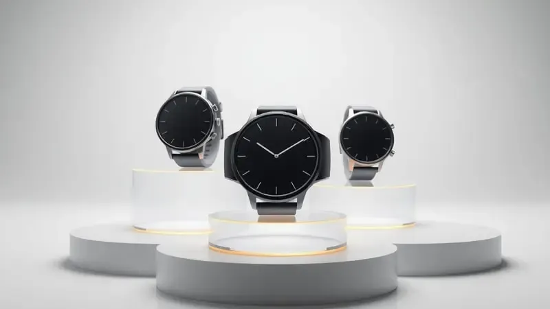 Renderização 3D de smartwatches minimalistas posicionados em pedestais escalonados de vidro representando ranking em estúdio limpo.