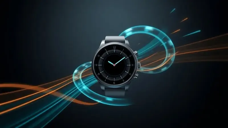 Render 3D dinâmico de smartwatch com elementos abstratos de movimento e trilhas geométricas representando recursos esportivos e monitoramento fitness.