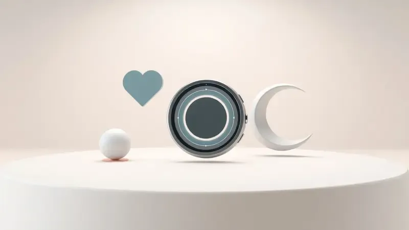 Render 3D conceitual de ícones geométricos flutuantes representando monitor cardíaco, atividade, notificações e sono