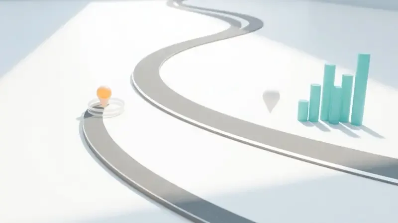 Cena 3D conceitual com pista de corrida estilizada e elementos geométricos abstratos representando métricas de atividade física e GPS.