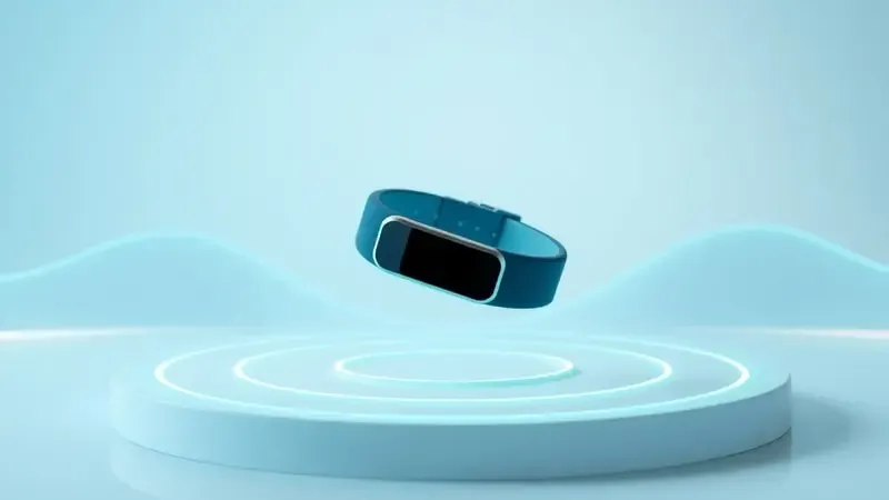 Renderização 3D de pulseira fitness sobre ondas abstratas luminosas representando monitoramento de saúde e bem-estar.