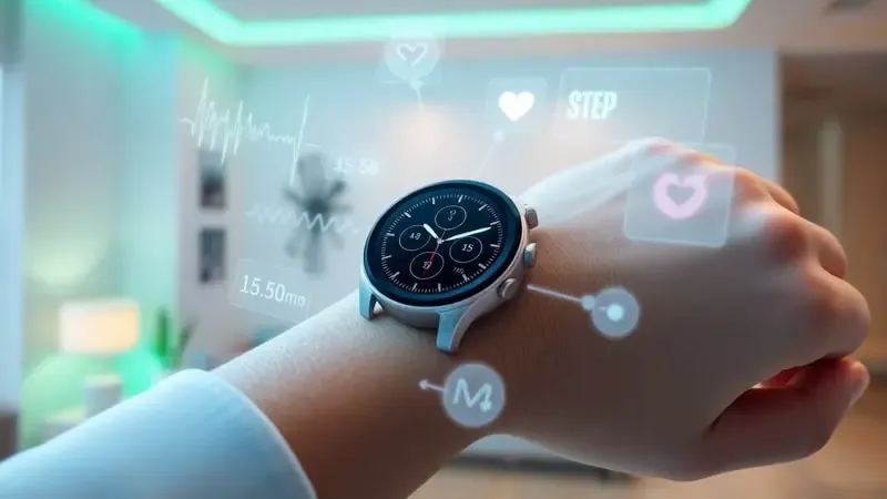 Render 3D de smartwatch em pulso com gráficos holográficos abstratos de métricas de saúde como batimentos cardíacos e passos