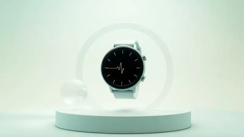 Renderização 3D conceitual de smartwatch com elementos abstratos representando monitoramento de saúde e frequência cardíaca.