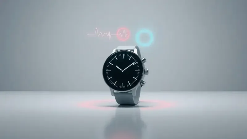 Render 3D de smartwatch minimalista com visualizações holográficas de batimentos cardíacos e anéis de fitness em tons suaves e modernos