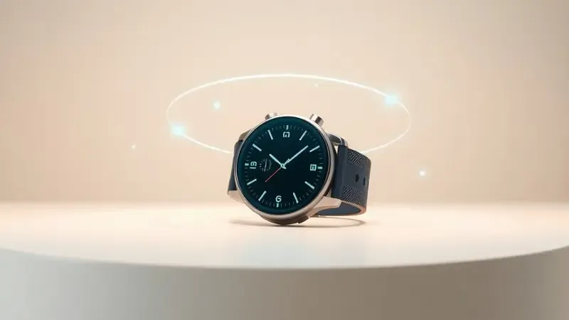 Renderização 3D de smartwatch com elementos abstratos de monitoramento de saúde, batimentos cardíacos e bem-estar flutuando ao redor.