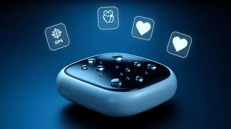 Close-up de smartwatch com gotas de água e ícones translúcidos representando funcionalidades de natação em render 3D.
