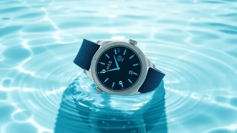 Smartwatch conceitual submerso em água cristalina demonstrando resistência e durabilidade premium com gotas