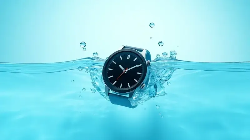 Renderização 3D de smartwatch genérico resistente à água com gotas suspensas e luz refratada em ambiente aquático clean.