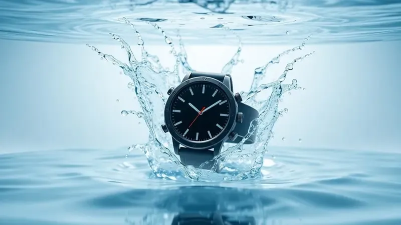 Smartwatch resistente à água submerso com gotas cristalinas e efeitos de luz subaquática