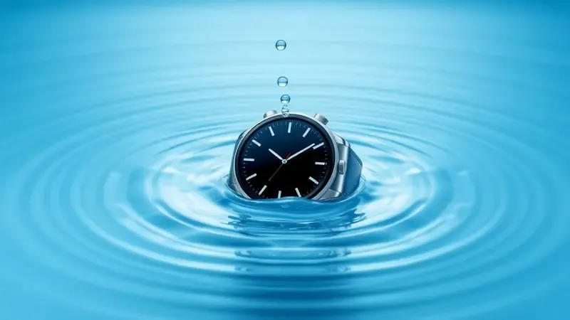 Render 3D de smartwatch submerso em água cristalina com ondulações e gotas suspensas demonstrando resistência à água