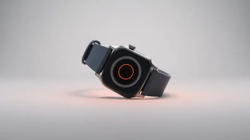 Render 3D conceitual de smartwatch genérico invertido com sensores visíveis em atmosfera de alerta médico sutil
