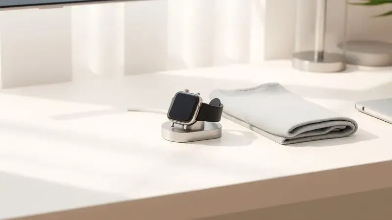 Render 3D de rotina ideal de carregamento com smartwatch na base magnética, pano de microfibra e luz natural sobre mesa limpa