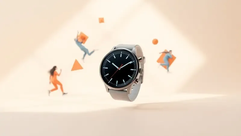 Renderização 3D de smartwatch genérico com elementos dinâmicos abstratos representando rotina ativa moderna.