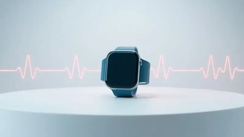 Render 3D conceitual de métricas biométricas abstratas e smartwatch com iluminação profissional