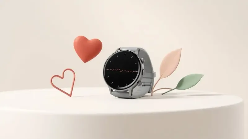 Renderização 3D de smartwatch com elementos abstratos de saúde, coração geométrico e folha minimalista