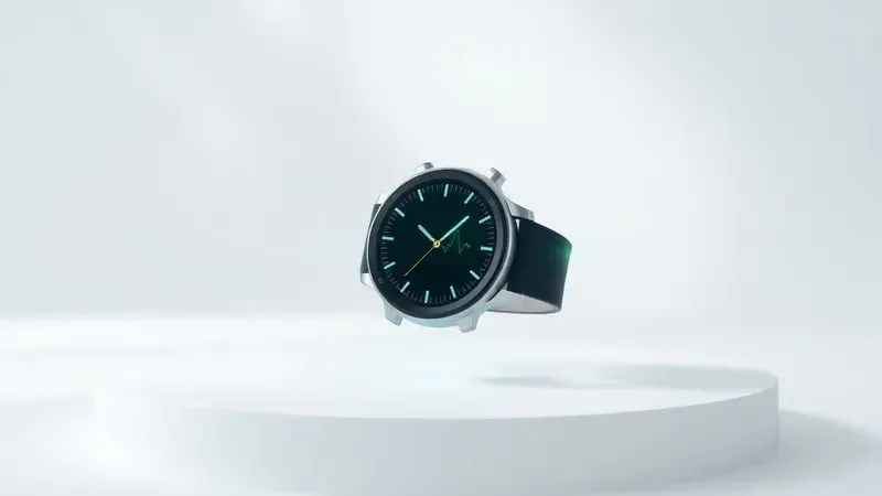 Renderização 3D de smartwatch genérico com elementos visuais abstratos de monitoramento de saúde.