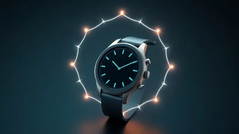 Render 3D conceitual de smartwatch com símbolo geométrico de segurança NFC representando proteção de dados.