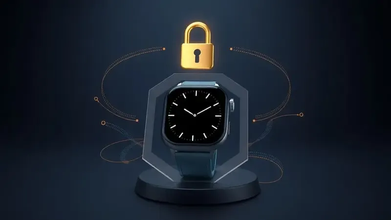 Conceito 3D de segurança em pagamentos NFC com smartwatch protegido por escudo digital e ícone de cadeado.