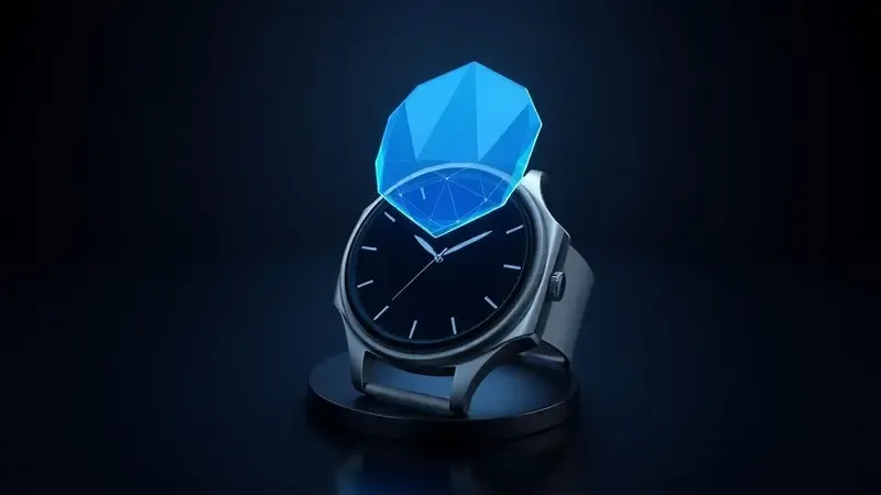 Smartwatch protegido por escudo digital simbolizando segurança em pagamentos NFC em arte 3D conceitual