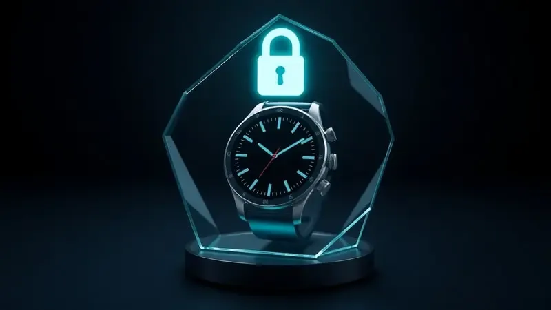 Símbolo de cadeado e escudo protegendo smartwatch em renderização 3D representando segurança digital.