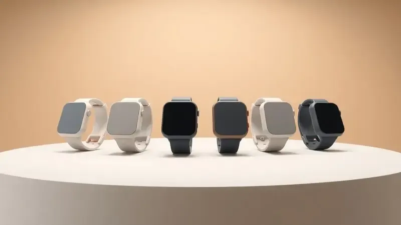 Conceito 3D com seis silhuetas abstratas de smartwatch em tons neutros alinhados sobre superfície cinza, representando ranking comparativo.