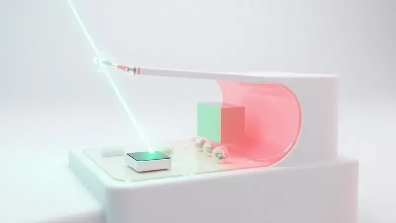 Renderização 3D de corte transversal conceitual mostrando feixes de luz verde e vermelha de sensores PPG penetrando camadas da pele.