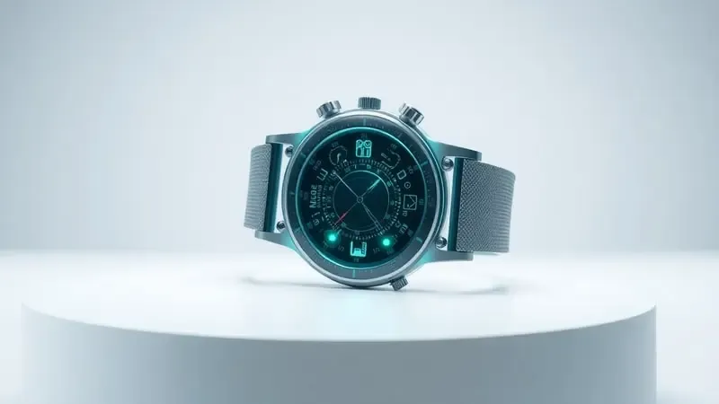 Renderização 3D conceitual mostrando sensores ópticos internos de um smartwatch fitness com componentes tecnológicos abstratos iluminados.