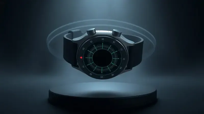 Render 3D conceitual dos sensores de saúde do smartwatch com feixes luminosos representando monitoramento cardíaco, oxímetro e análise de sono.