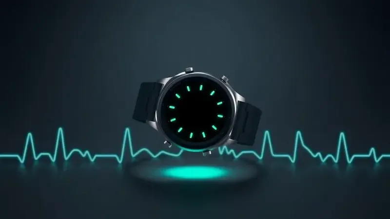 Render 3D de sensores de saúde em relógio inteligente com luzes e ondas cardíacas abstratas.