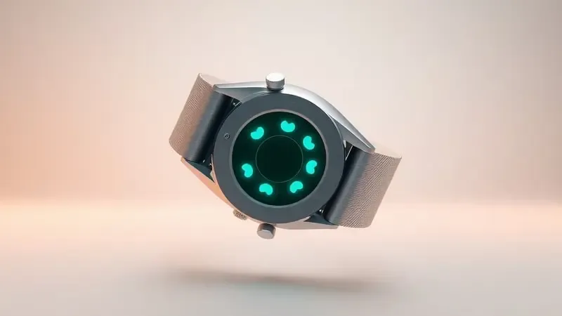 Visualização conceitual dos sensores de saúde de um smartwatch com elementos biométricos abstratos em renderização 3D