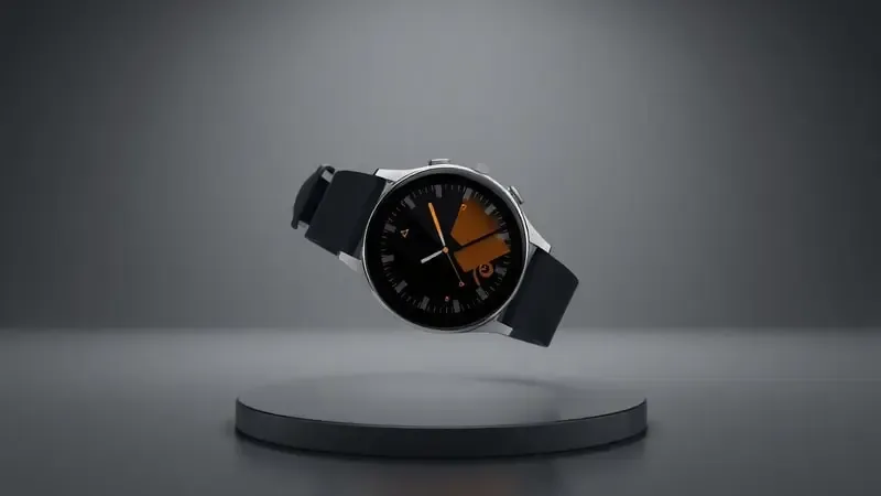 Smartwatch conceitual com tela exibindo padrões abstratos alaranjados que sugerem falhas de desempenho em renderização 3D limpa.
