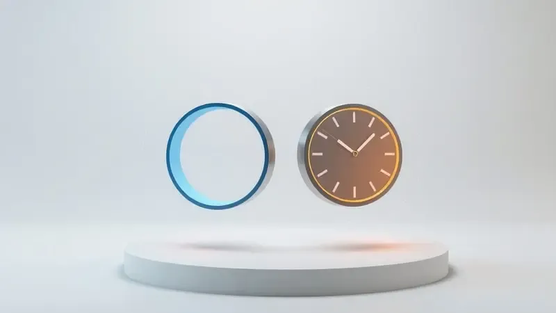 Render 3D conceitual de sincronização de hora entre dispositivos com feixes de conexão abstratos e formas circulares