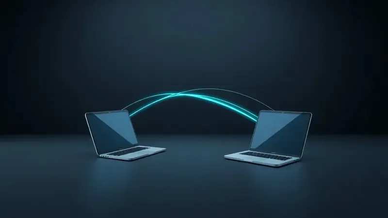 Render 3D abstrato de sincronização sem fio entre dispositivos com fluxos de dados azuis e verdes em composição minimalista.