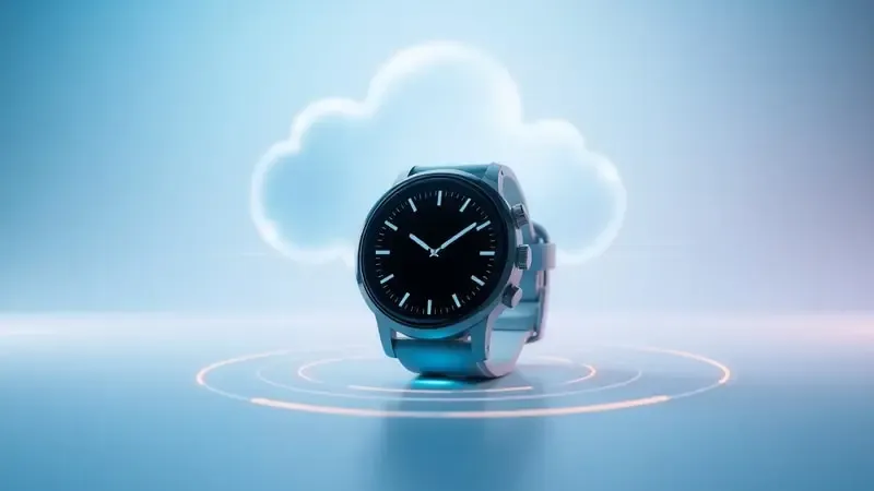 Render 3D mostrando sincronização wireless entre smartwatch e plataforma Strava com ondas de conectividade