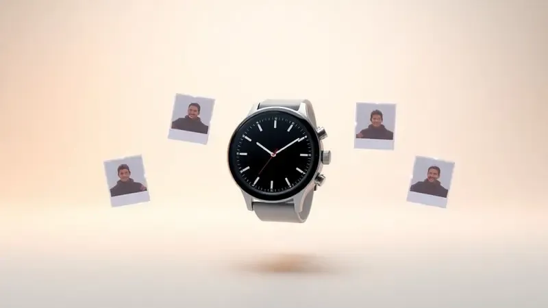 Sincronização sem fio de álbum de fotos com smartwatch representada por miniaturas flutuantes em renderização 3D limpa