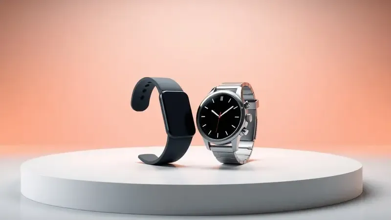 Comparação conceitual 3D entre smartband e smartwatch genéricos lado a lado com visualizações de dados abstratas flutuantes.