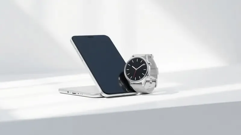 Smartphone e smartwatch genéricos lado a lado em superfície clean com conexão sem fio conceitual representando pré-requisitos.